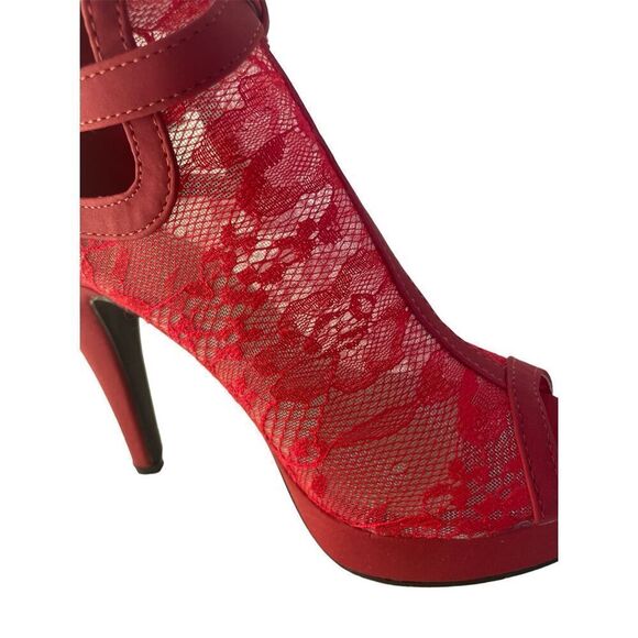 These Lov Mark Watermelon/Coral Pink Floral Lace Peep Toe Stilettos. . US Women - Picture 6 of 8